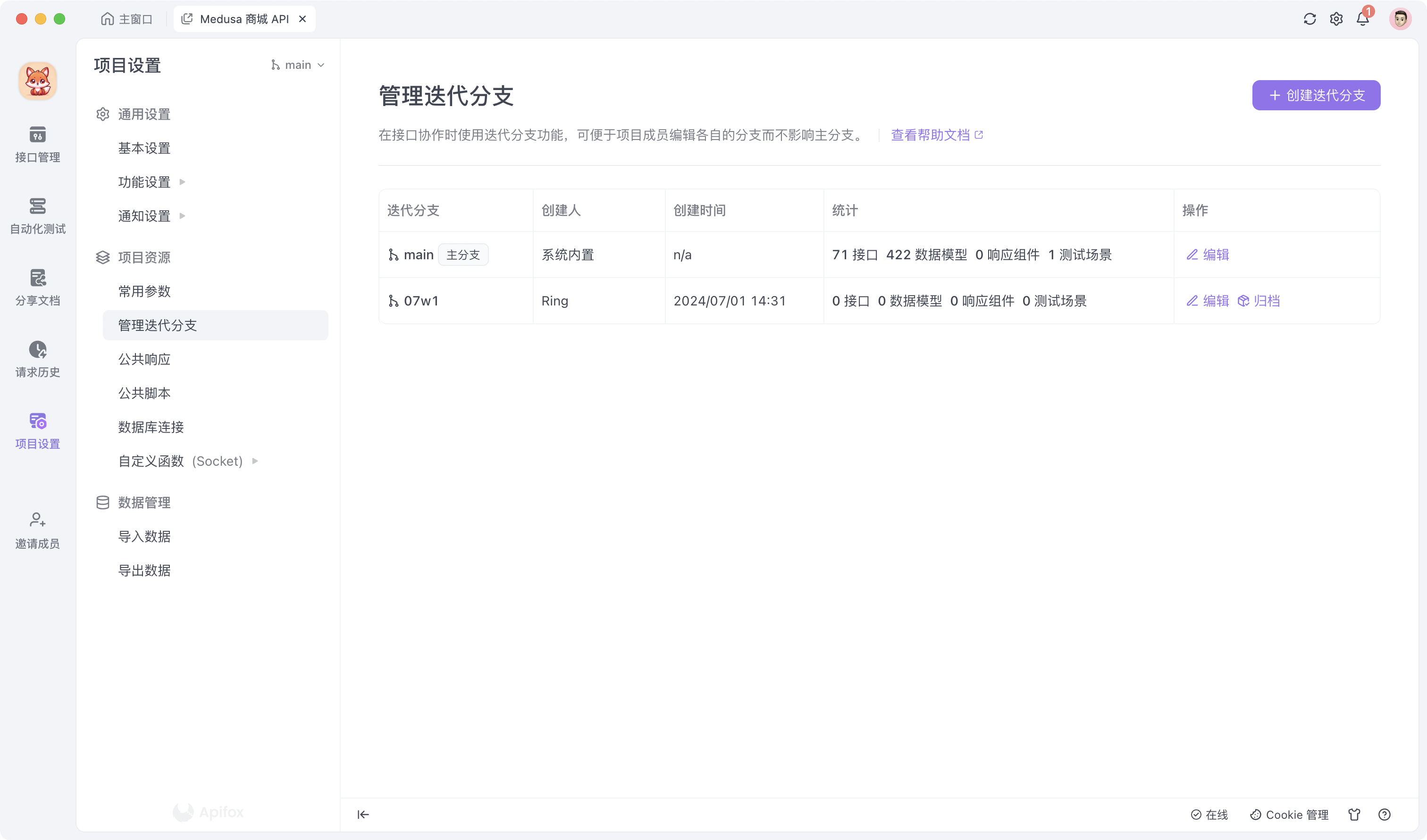 Apifox 新建迭代分支